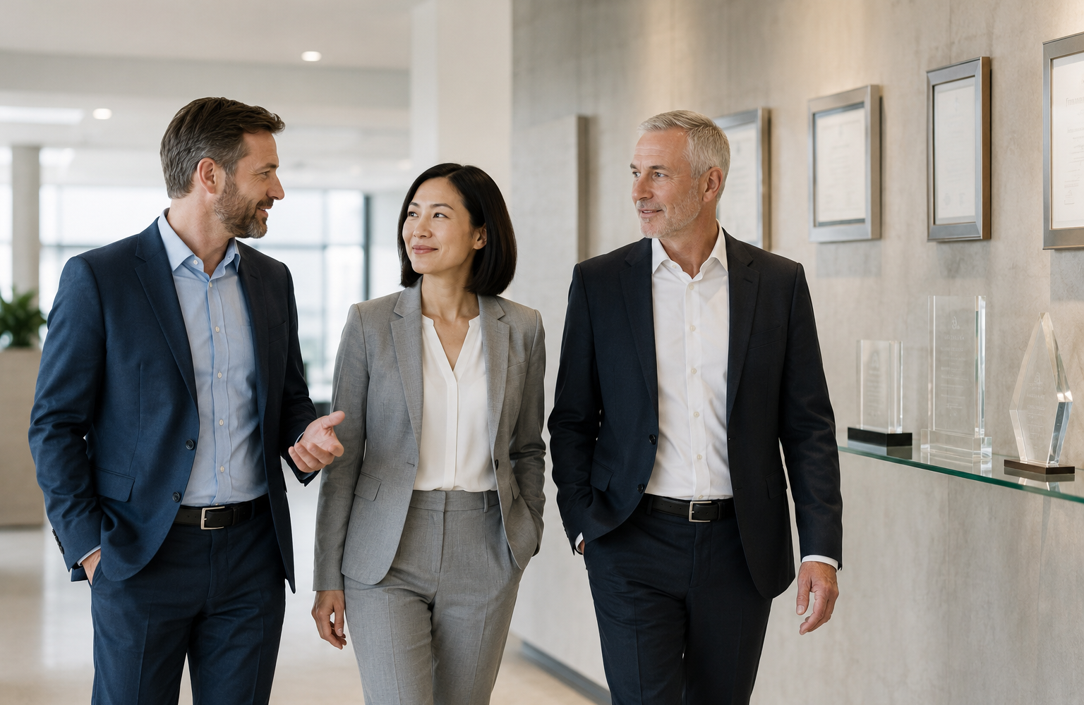 Drei Fachpersonen betrachten Auszeichnungen und Anerkennungen in einem hellen, modernen Büro.