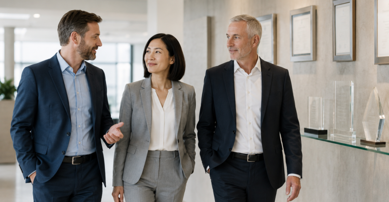 Drei Fachpersonen betrachten Auszeichnungen und Anerkennungen in einem hellen, modernen Büro.