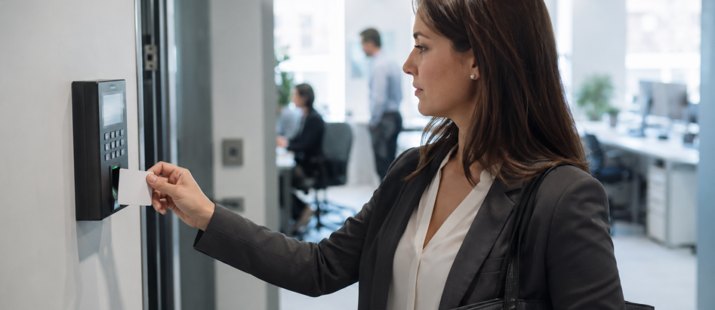 Mitarbeiterin hält eine Zugangskarte an ein Zeiterfassungsterminal in einem modernen Büro als Symbol für Arbeitszeitbetrug und Zeiterfassungskontrolle.
