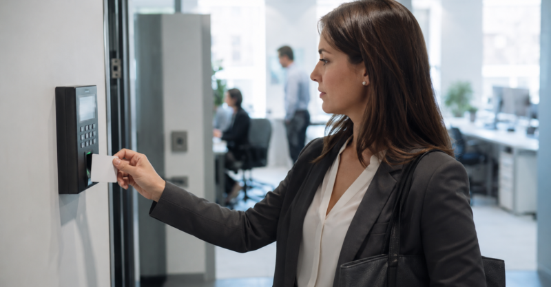 Mitarbeiterin hält eine Zugangskarte an ein Zeiterfassungsterminal in einem modernen Büro als Symbol für Arbeitszeitbetrug und Zeiterfassungskontrolle.