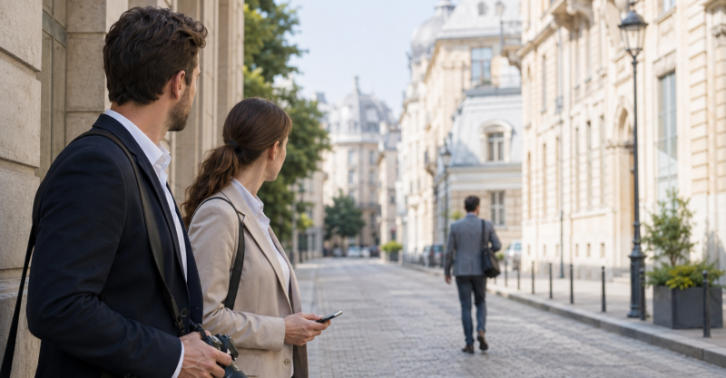 Zwei Ermittler beobachten mit Kamera und Smartphone eine Person in einer hellen europäischen Innenstadt.