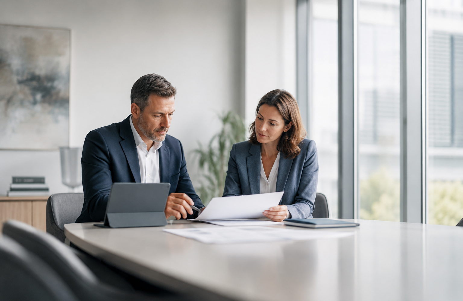Zwei Personen prüfen vertrauliche Unterlagen in einem hellen modernen Büro als Symbol für Compliance-Untersuchungen und diskrete Sachverhaltsaufklärung.