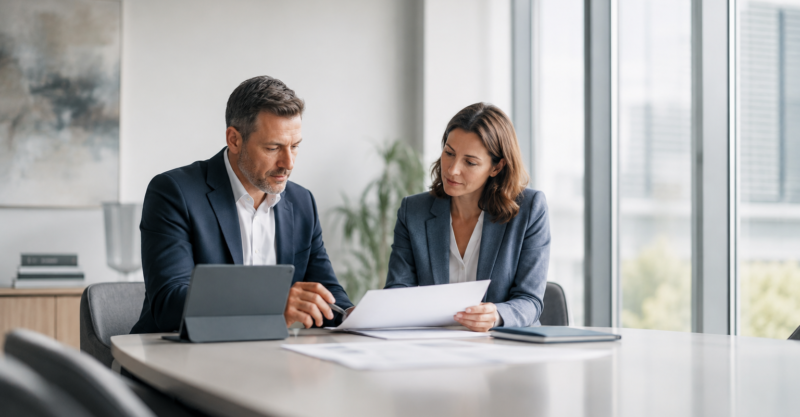 Zwei Personen prüfen vertrauliche Unterlagen in einem hellen modernen Büro als Symbol für Compliance-Untersuchungen und diskrete Sachverhaltsaufklärung.