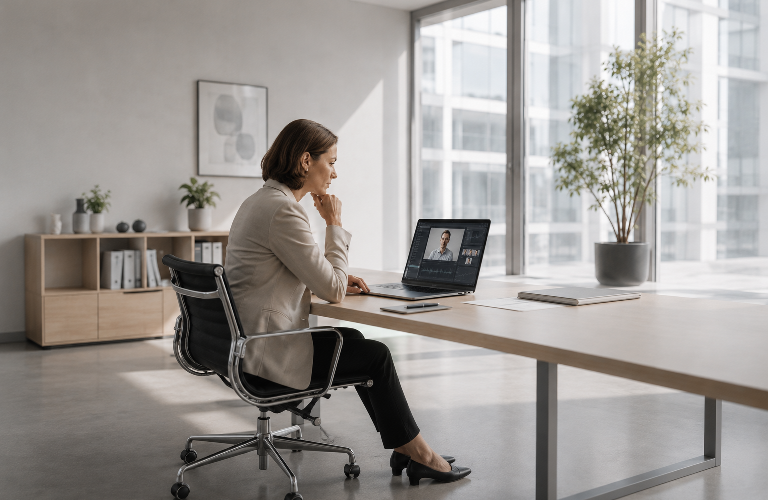 Person analysiert digitale Videoinhalte in einem hellen modernen Büro als Symbol für Deepfake-Betrug und digitale Täuschungsversuche.