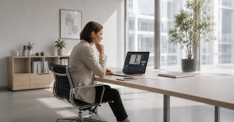 Person analysiert digitale Videoinhalte in einem hellen modernen Büro als Symbol für Deepfake-Betrug und digitale Täuschungsversuche.