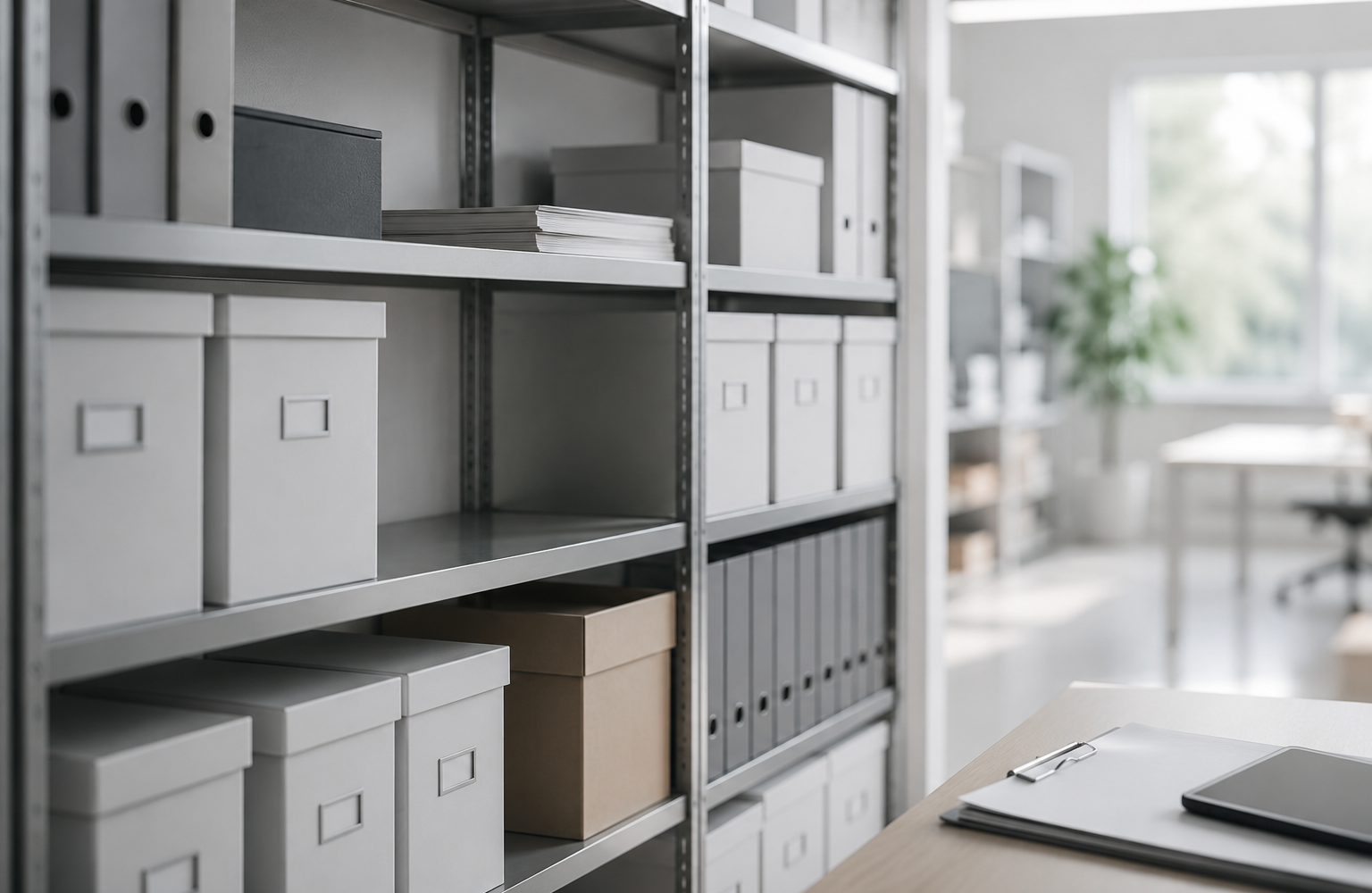 Geordnete Unternehmensunterlagen und Archivboxen in einem hellen modernen Büro als Symbol für die Prüfung von Diebstahl und Unterschlagung.