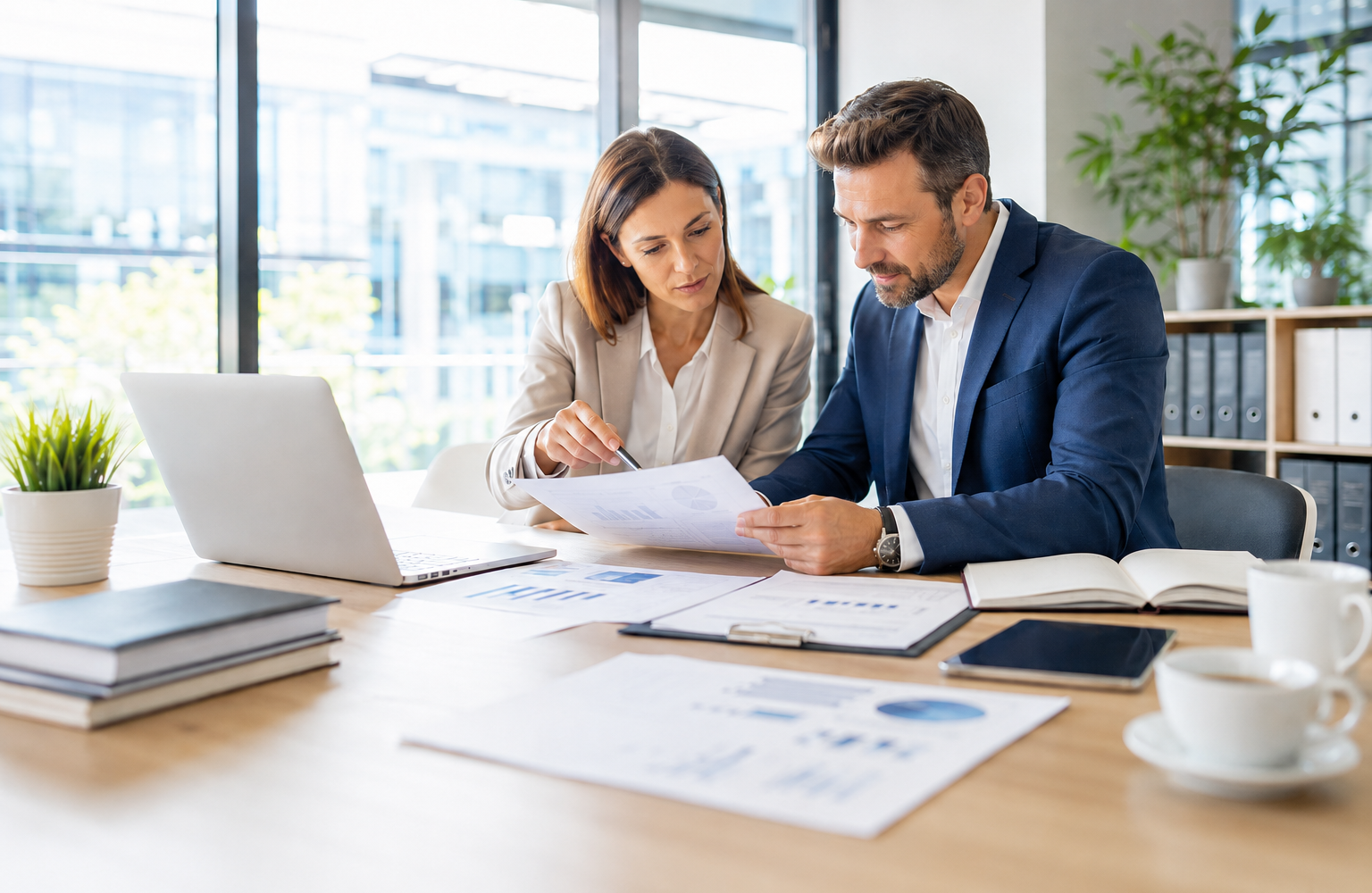 Zwei Fachpersonen prüfen gemeinsam Unternehmensdaten und Analyseunterlagen in einem hellen, modernen Büro.