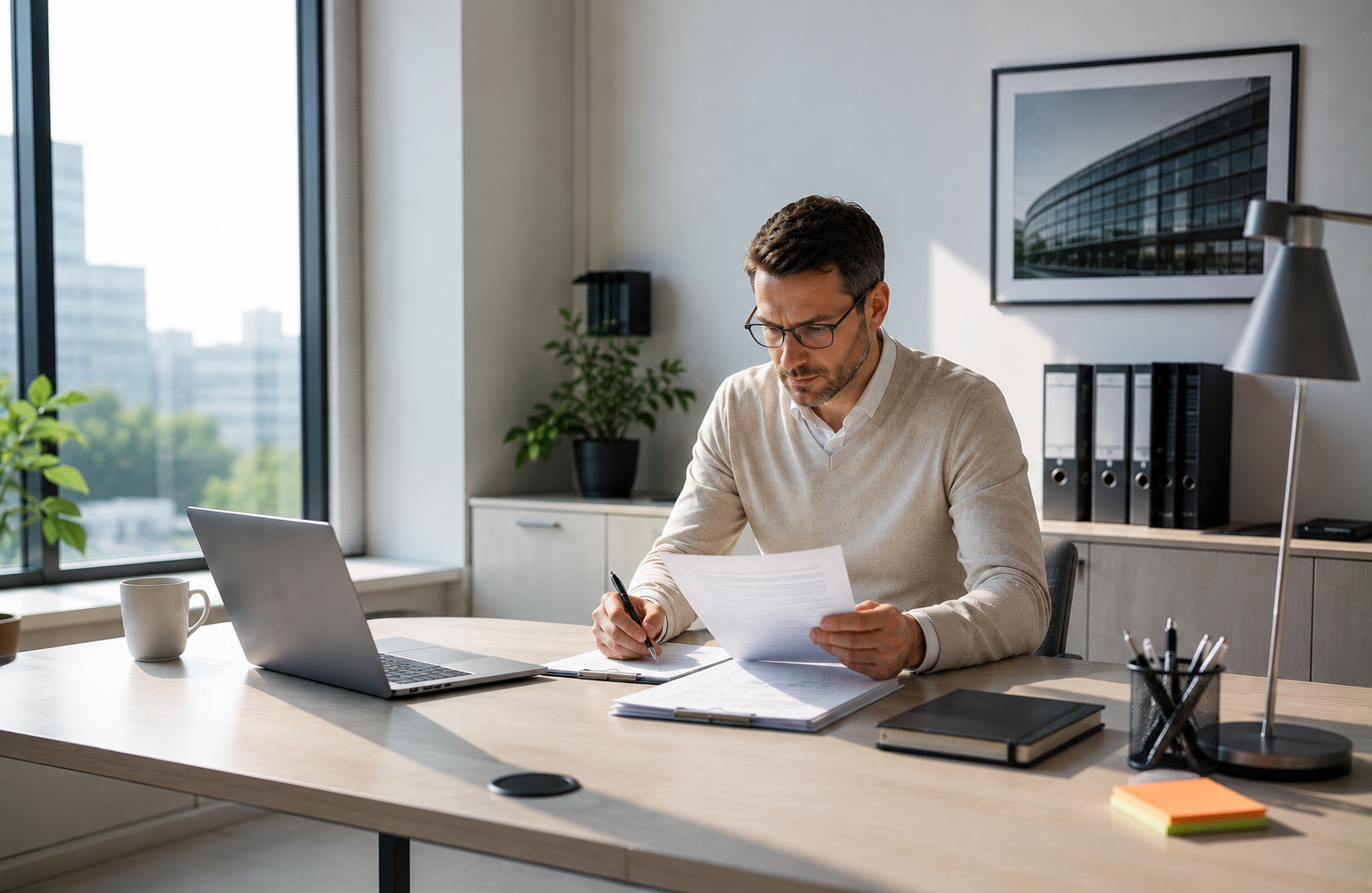 Person prüft Unterlagen in einem hellen modernen Büro als Symbol für Firmen-Cloning und Unternehmensidentitätsmissbrauch.