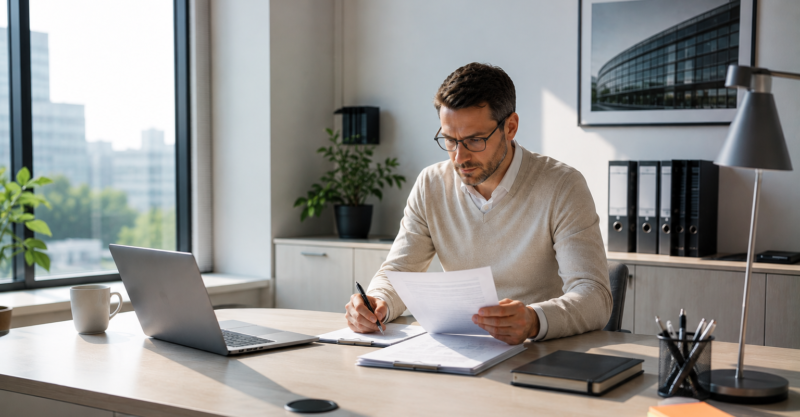 Person prüft Unterlagen in einem hellen modernen Büro als Symbol für Firmen-Cloning und Unternehmensidentitätsmissbrauch.