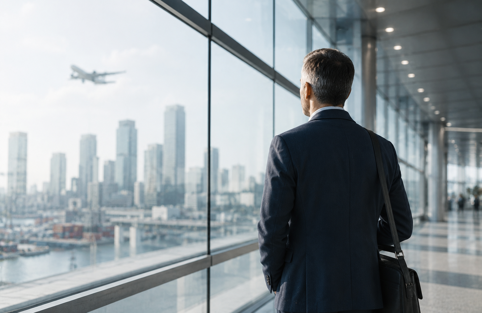 Geschäftsmann in einem internationalen Flughafenterminal mit Blick auf eine moderne Stadt und ein startendes Flugzeug.