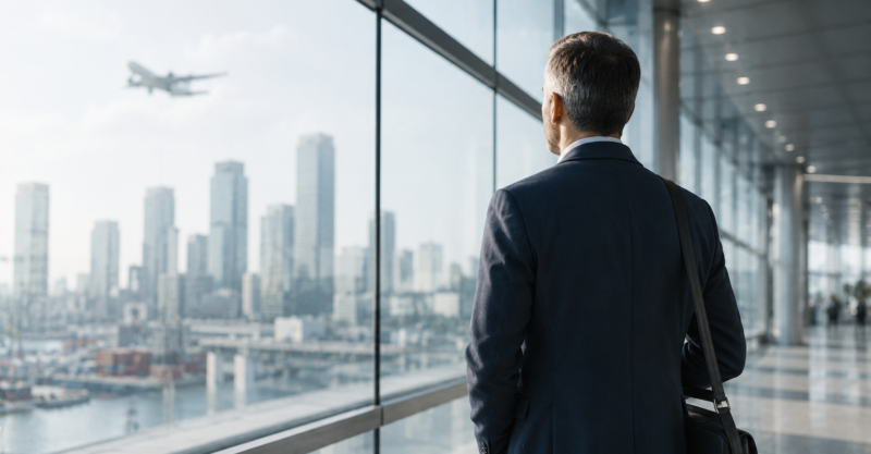 Geschäftsmann in einem internationalen Flughafenterminal mit Blick auf eine moderne Stadt und ein startendes Flugzeug.