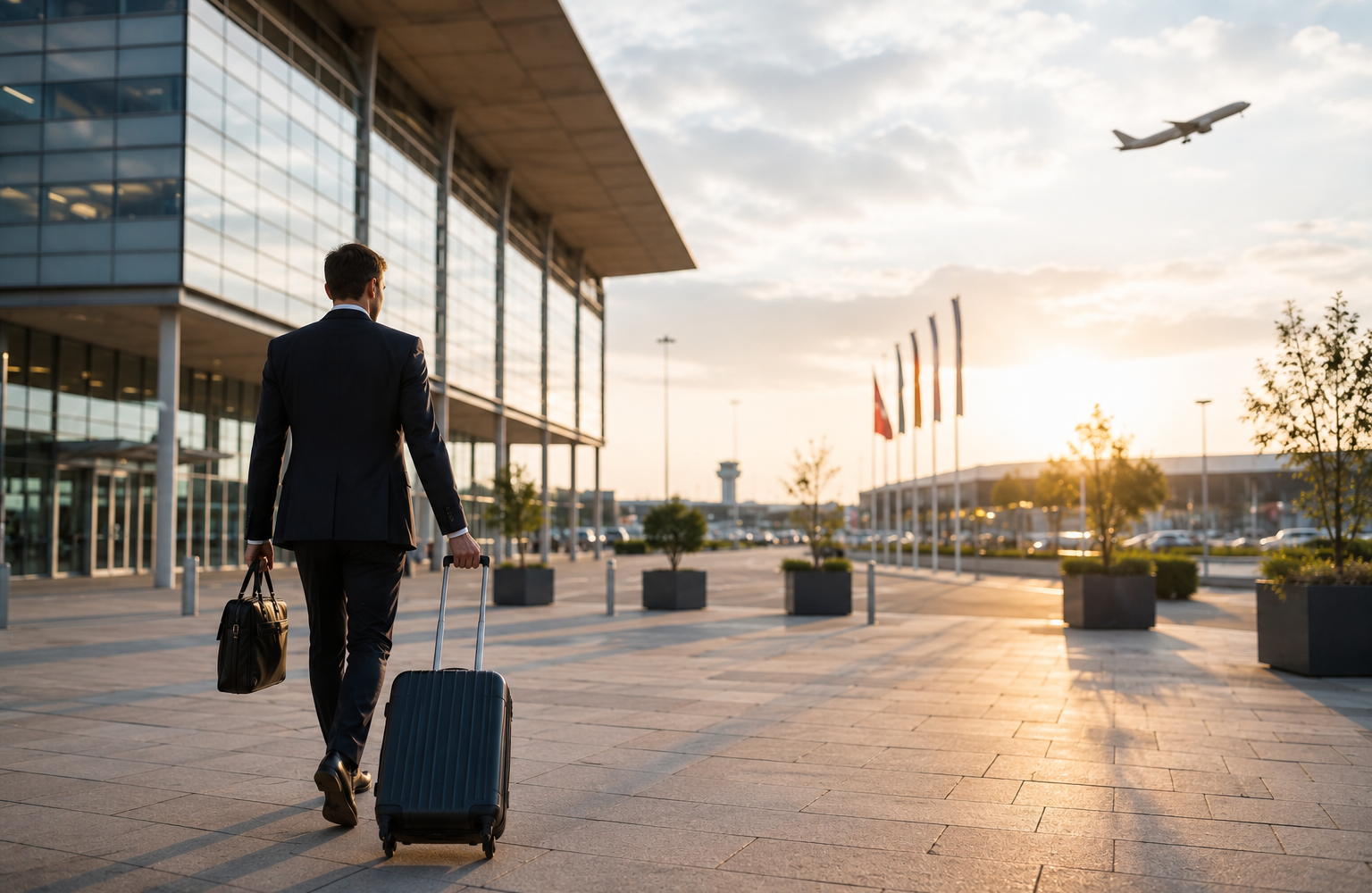Geschäftsmann mit Reisegepäck vor einem internationalen Flughafen als Symbol für die weltweiten Standorte von PRIMECHECK.