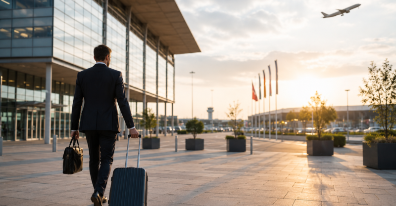 Geschäftsmann mit Reisegepäck vor einem internationalen Flughafen als Symbol für die weltweiten Standorte von PRIMECHECK.