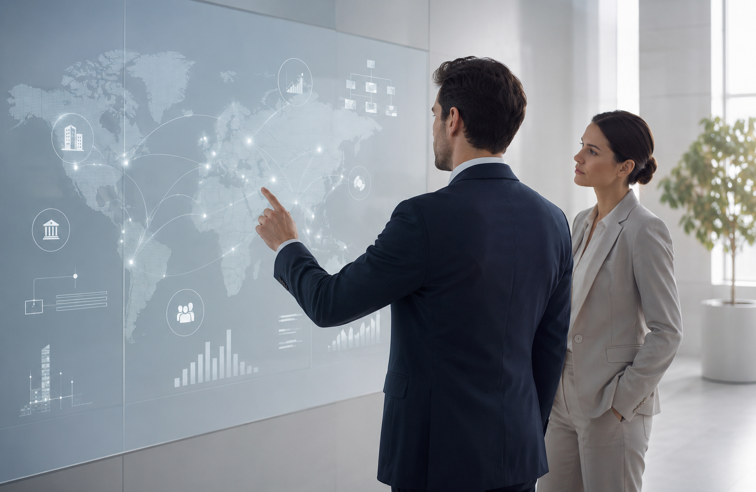Zwei Fachpersonen analysieren in einem hellen Büro eine internationale Vermögensstruktur auf einer digitalen Weltkarte.