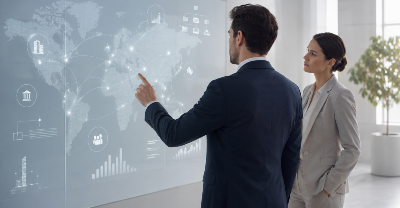 Zwei Fachpersonen analysieren in einem hellen Büro eine internationale Vermögensstruktur auf einer digitalen Weltkarte.