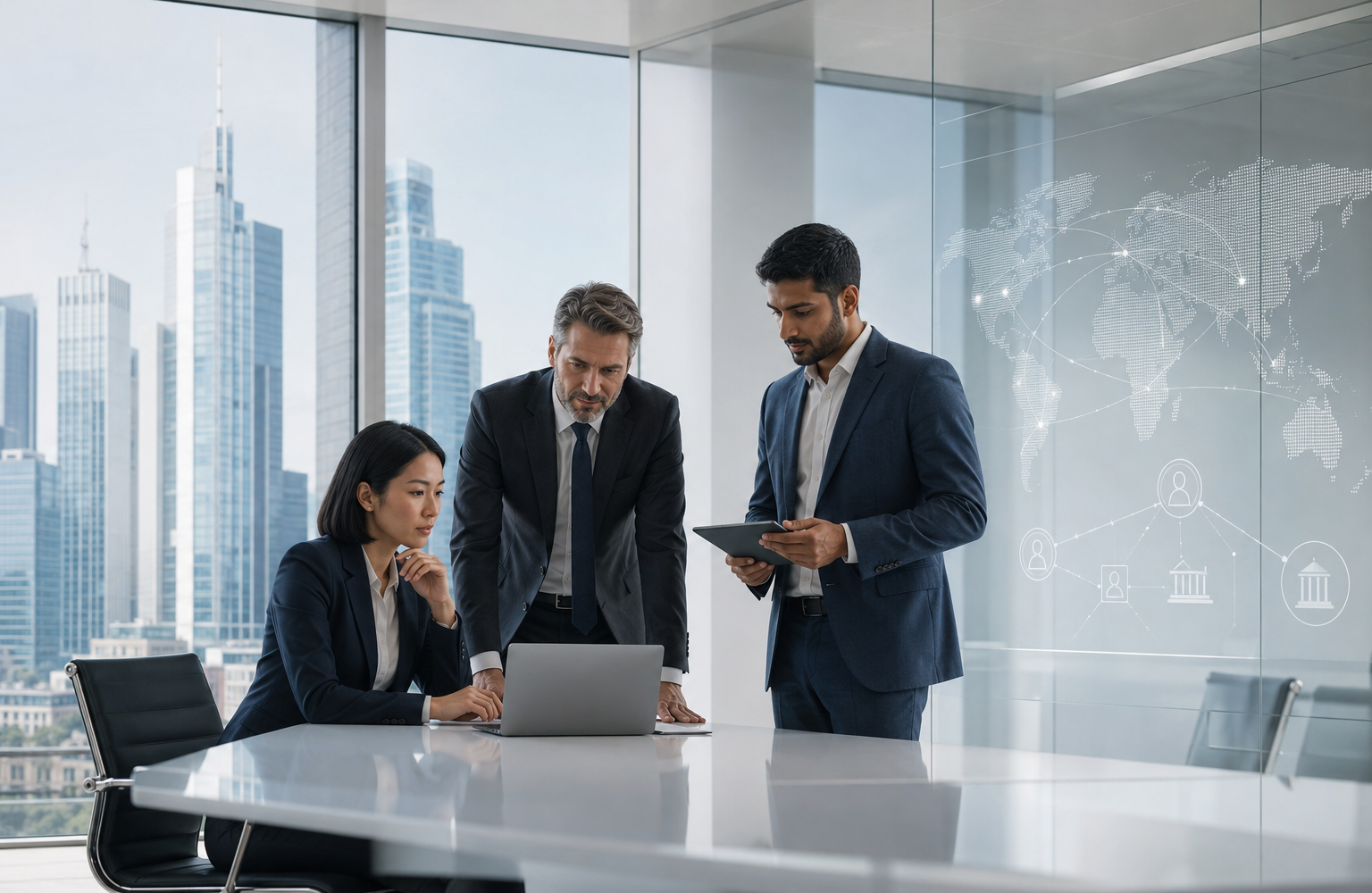 Drei Fachpersonen analysieren in einem modernen Büro internationale Geschäftsbeziehungen und Unternehmensstrukturen.