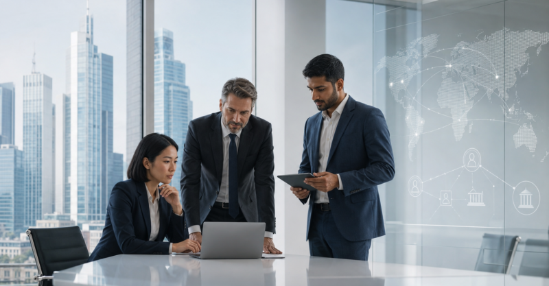 Drei Fachpersonen analysieren in einem modernen Büro internationale Geschäftsbeziehungen und Unternehmensstrukturen.