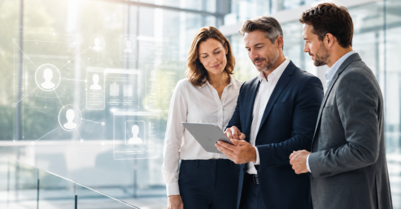 Drei Fachpersonen analysieren digitale Profile und vernetzte Informationen zum Schutz von Marke und Unternehmensreputation.