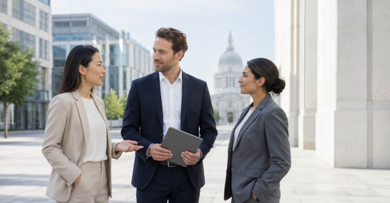 Drei internationale Fachpersonen im professionellen Austausch vor modernen Geschäfts- und Verwaltungsgebäuden.