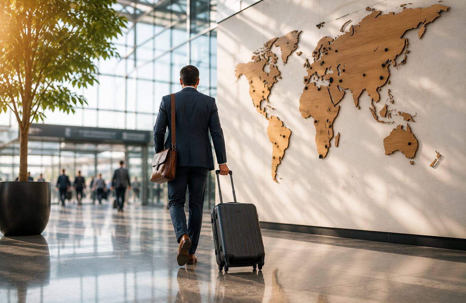 Geschäftsmann mit Rollkoffer in einer hellen internationalen Flughafenhalle vor einer stilisierten Weltkarte als Symbol für globale Präsenz und grenzüberschreitende Ermittlungen.