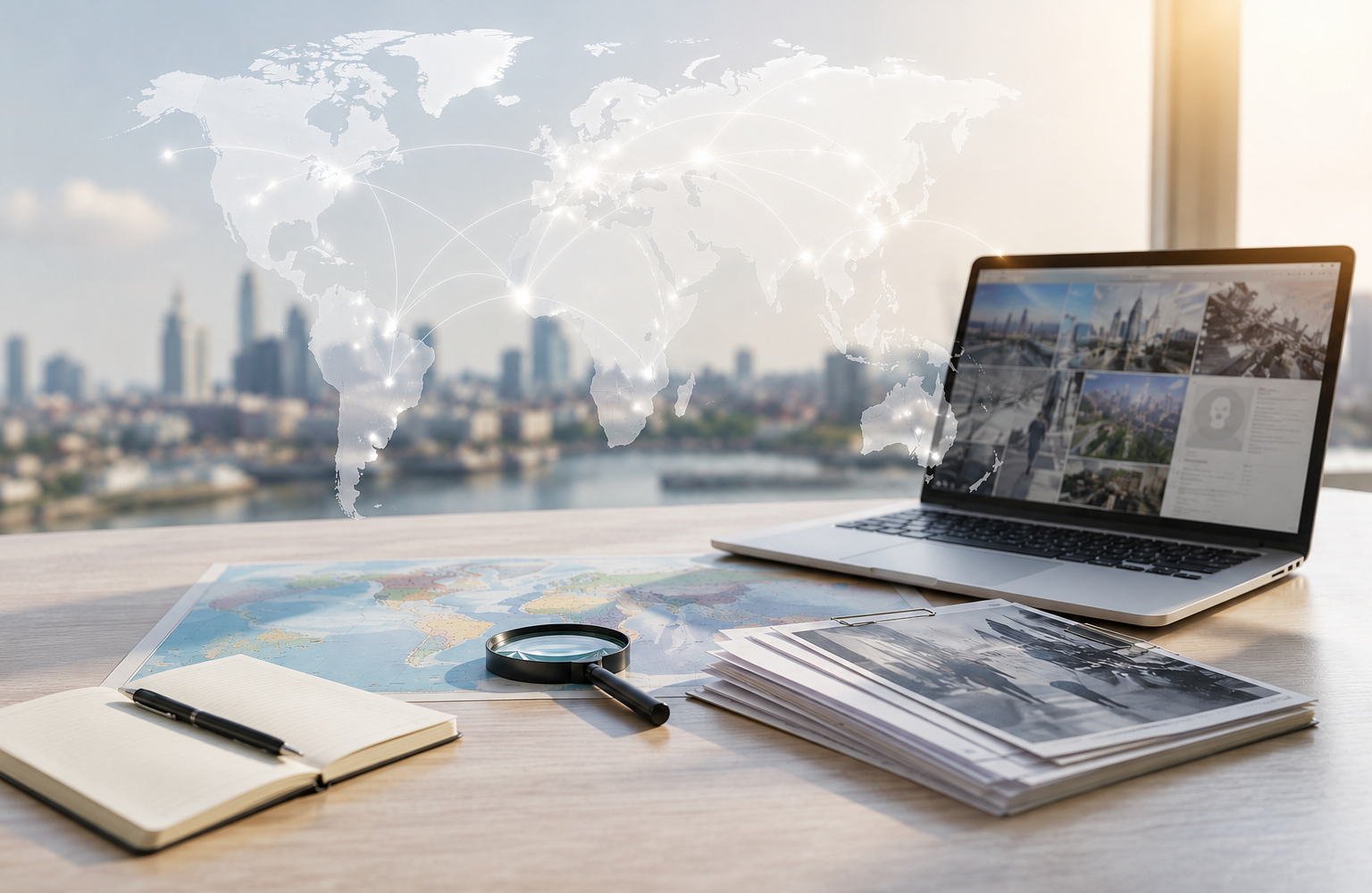 Weltkarte mit internationalen Verbindungen und einem professionellen Ermittlungsarbeitsplatz mit Laptop, Fernglas und Fallunterlagen.