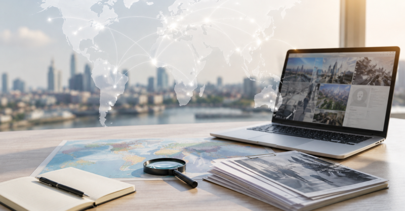Weltkarte mit internationalen Verbindungen und einem professionellen Ermittlungsarbeitsplatz mit Laptop, Fernglas und Fallunterlagen.