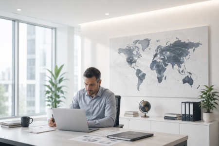 Professionelle internationale private Ermittlungen in einem hellen Büro mit Weltkarte