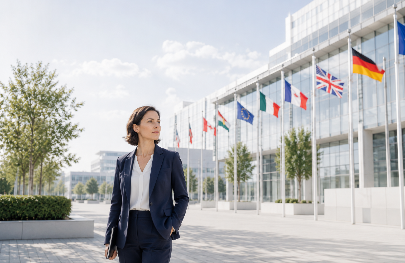 Ermittlerin vor einem internationalen Bürogebäude mit Länderflaggen als Symbol für weltweite private Ermittlungen