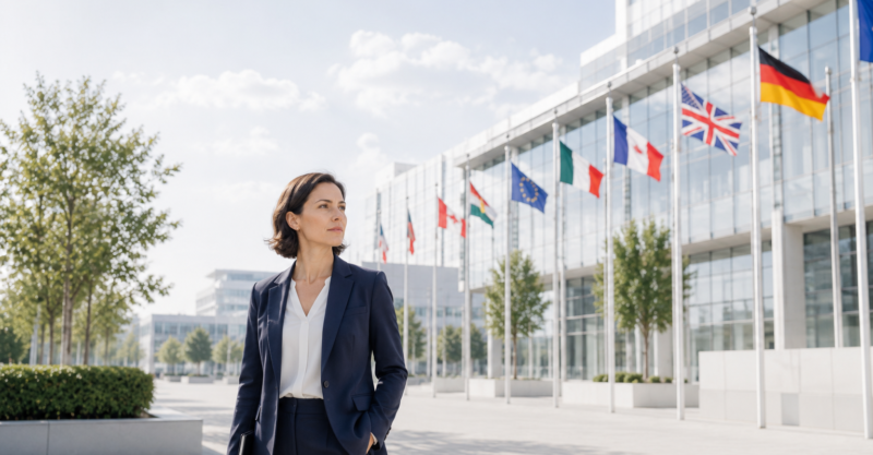 Ermittlerin vor einem internationalen Bürogebäude mit Länderflaggen als Symbol für weltweite private Ermittlungen