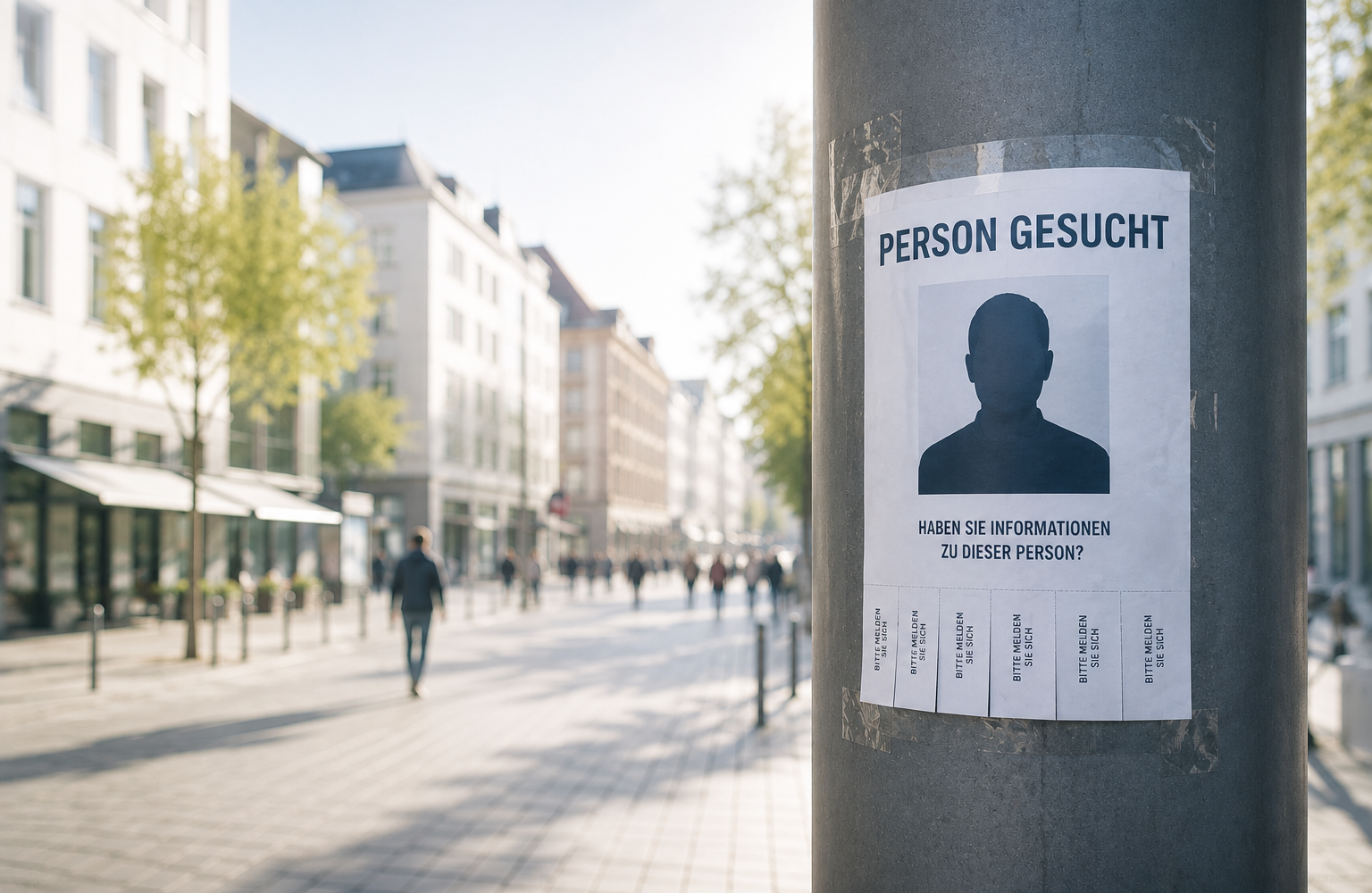 Aushang zur Personensuche in einer hellen Innenstadt als Symbol für professionelle Aufenthaltsrecherchen