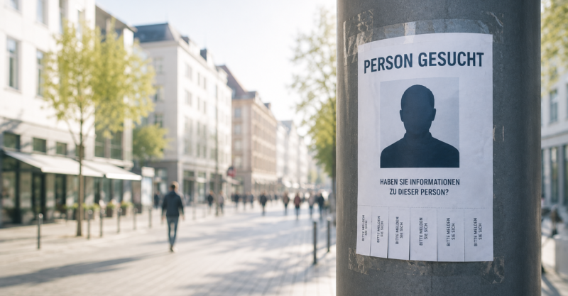 Aushang zur Personensuche in einer hellen Innenstadt als Symbol für professionelle Aufenthaltsrecherchen