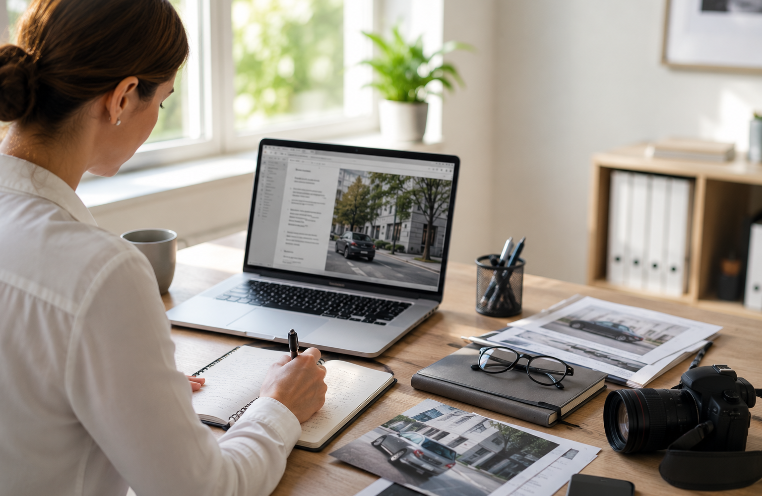 Ermittlerin dokumentiert in einem hellen Büro diskret relevante Lebensverhältnisse anhand von Fotos, Notizen und digitalen Unterlagen.