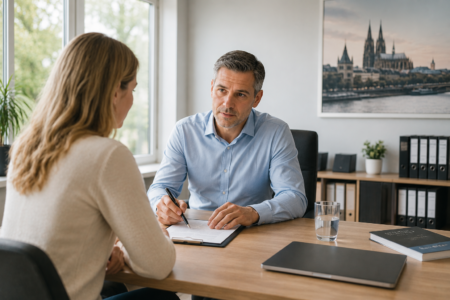 Vertrauensvolles Beratungsgespräch zwischen einem Mandanten und einem PRIMECHECK-Ermittler in einem modernen Büro