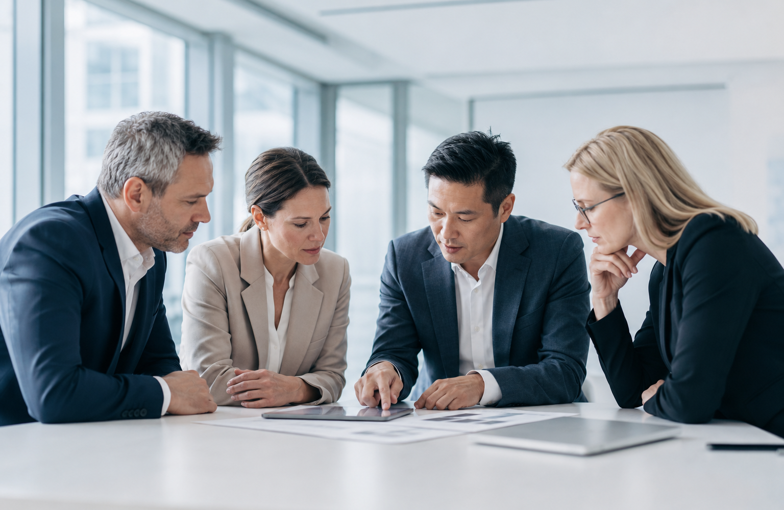 Vier Fachpersonen prüfen gemeinsam digitale Auswertungen und Unterlagen in einem hellen, modernen Büro.