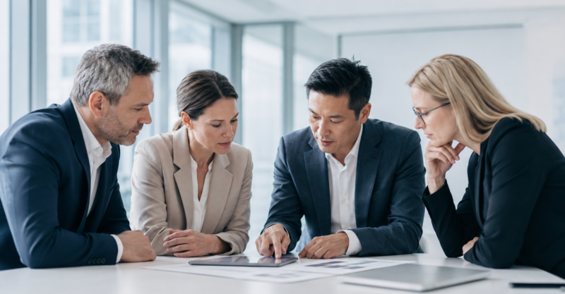 Vier Fachpersonen prüfen gemeinsam digitale Auswertungen und Unterlagen in einem hellen, modernen Büro.