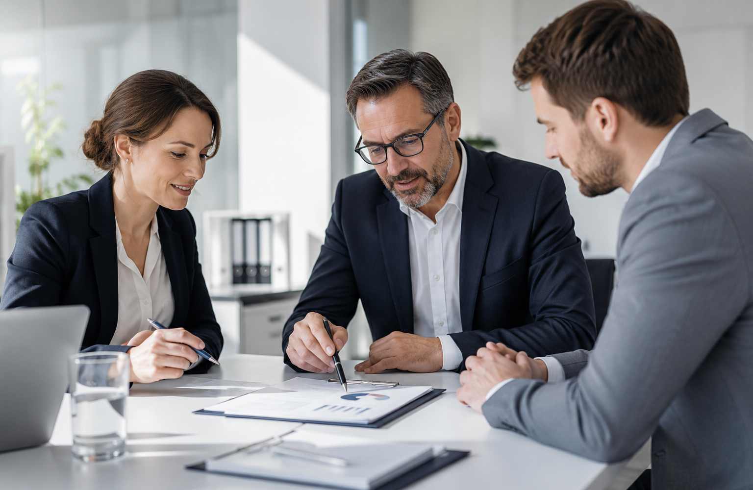 Drei Fachpersonen prüfen gemeinsam Unterlagen und Qualitätsstandards in einem hellen modernen Büro.