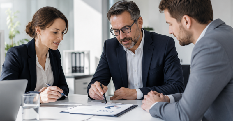 Drei Fachpersonen prüfen gemeinsam Unterlagen und Qualitätsstandards in einem hellen modernen Büro.