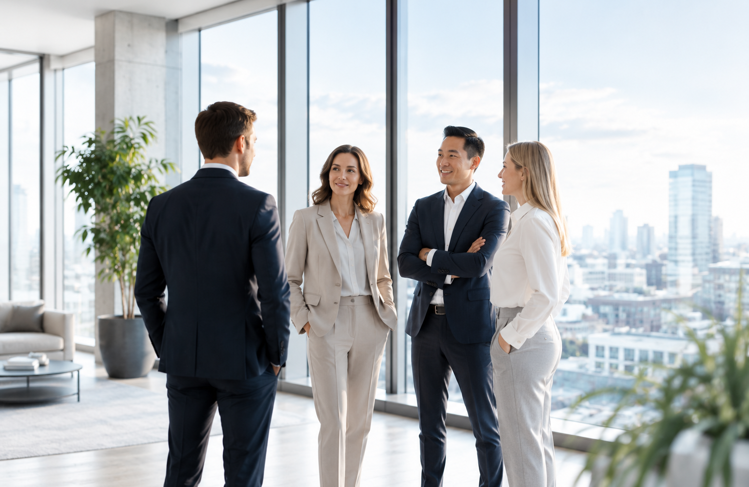 Internationales Team im gemeinsamen Gespräch in einem hellen, modernen Büro.