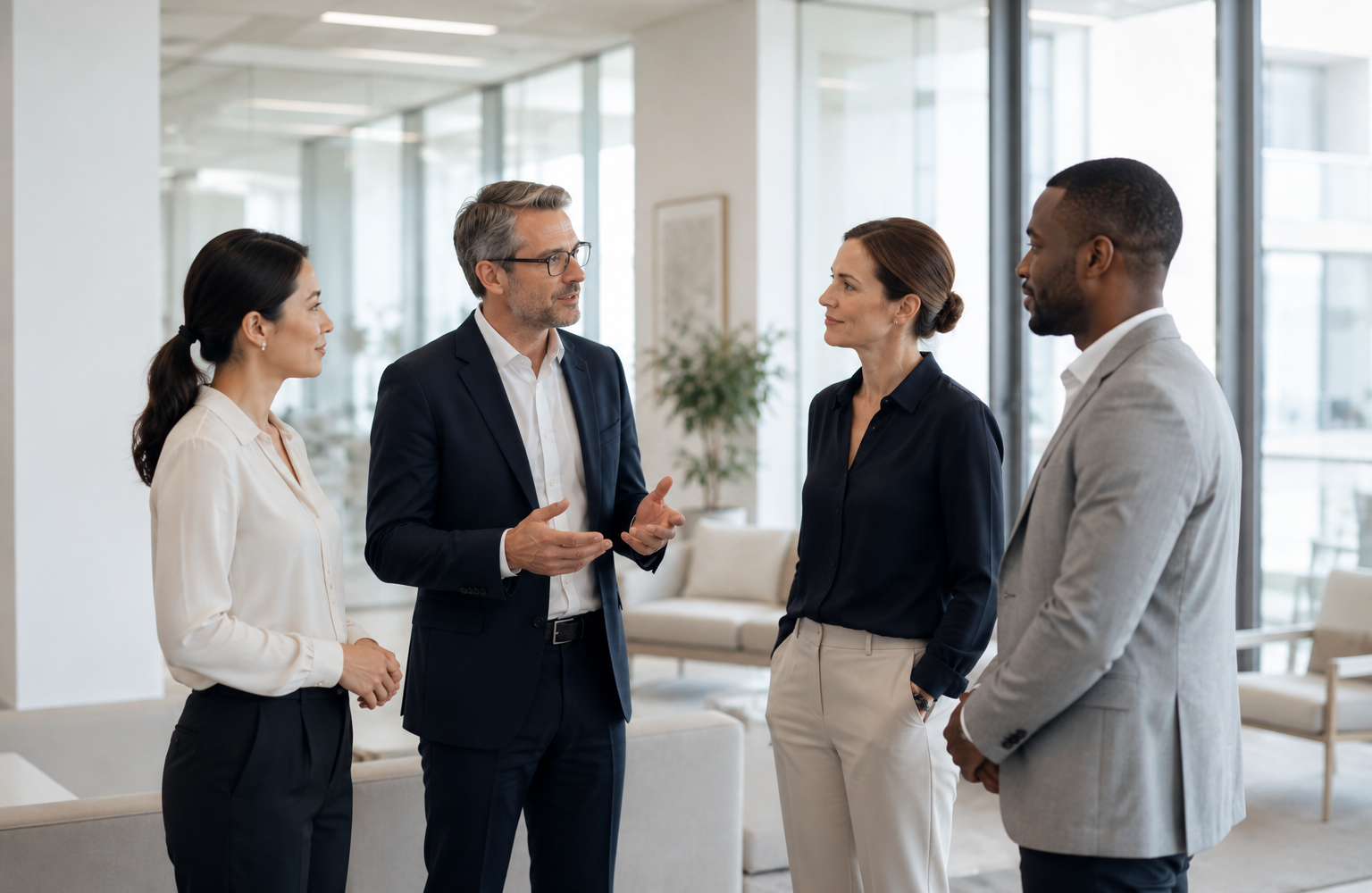 Internationales PRIMECHECK-Team im gemeinsamen Austausch über professionelle Grundsätze und Werte.