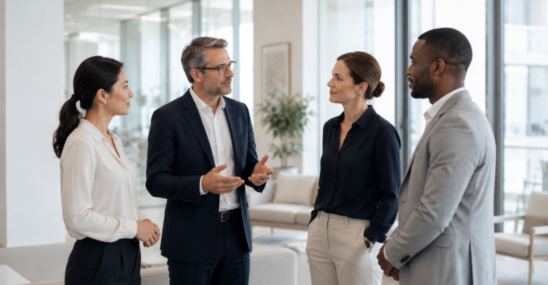 Internationales PRIMECHECK-Team im gemeinsamen Austausch über professionelle Grundsätze und Werte.