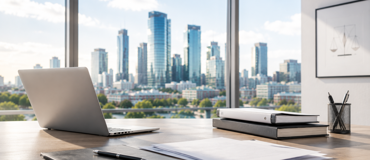 Heller moderner Arbeitsplatz mit Laptop, Unterlagen und Blick auf ein Geschäftsviertel als Symbol für professionelle Vermögensrecherchen.