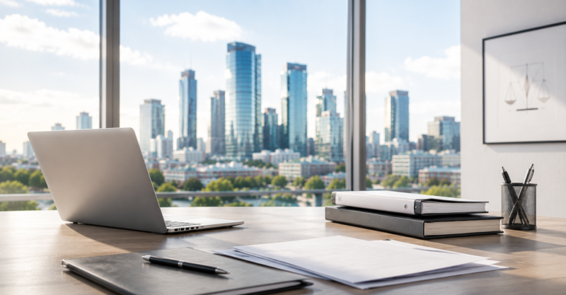 Heller moderner Arbeitsplatz mit Laptop, Unterlagen und Blick auf ein Geschäftsviertel als Symbol für professionelle Vermögensrecherchen.