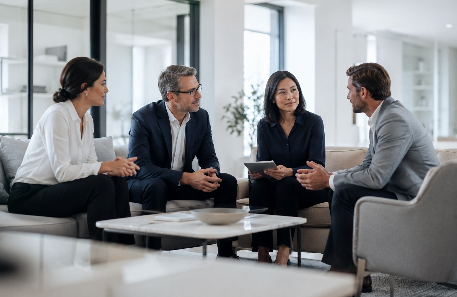 Internationales PRIMECHECK-Team im professionellen Austausch in einer hellen, modernen Bürolounge.
