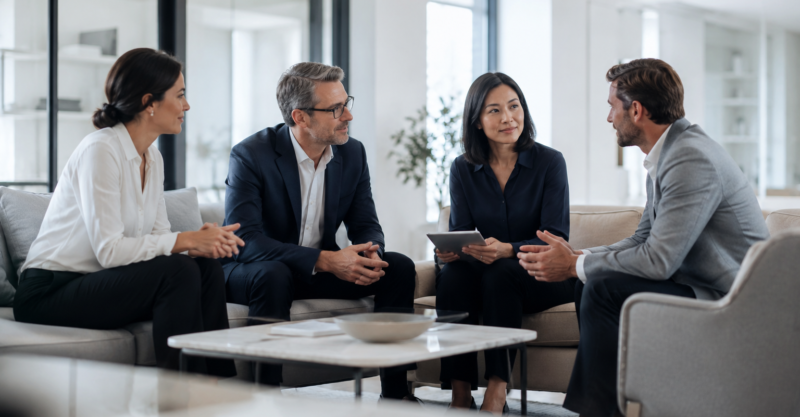 Internationales PRIMECHECK-Team im professionellen Austausch in einer hellen, modernen Bürolounge.